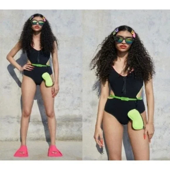 Zara Women’s Black Cut Out Piping Neón Trim Zip Front Cheeky Swimsuit Sz S NWT - Picture 12 of 14